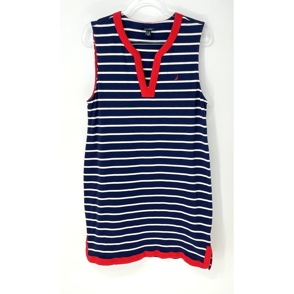 Nautica Dress XL Navy White Stripe Red Trim Sleeveless Shift Nautical Coastal